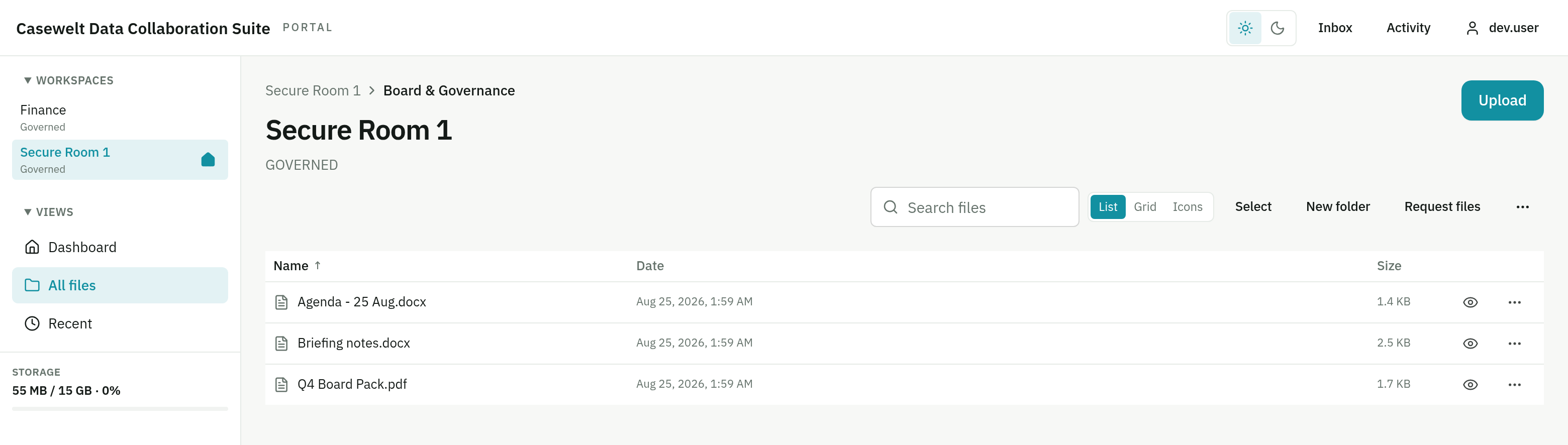 The Casewelt portal showing the Board & Governance folder in list view, with search, upload, Request files and a storage indicator in the sidebar.