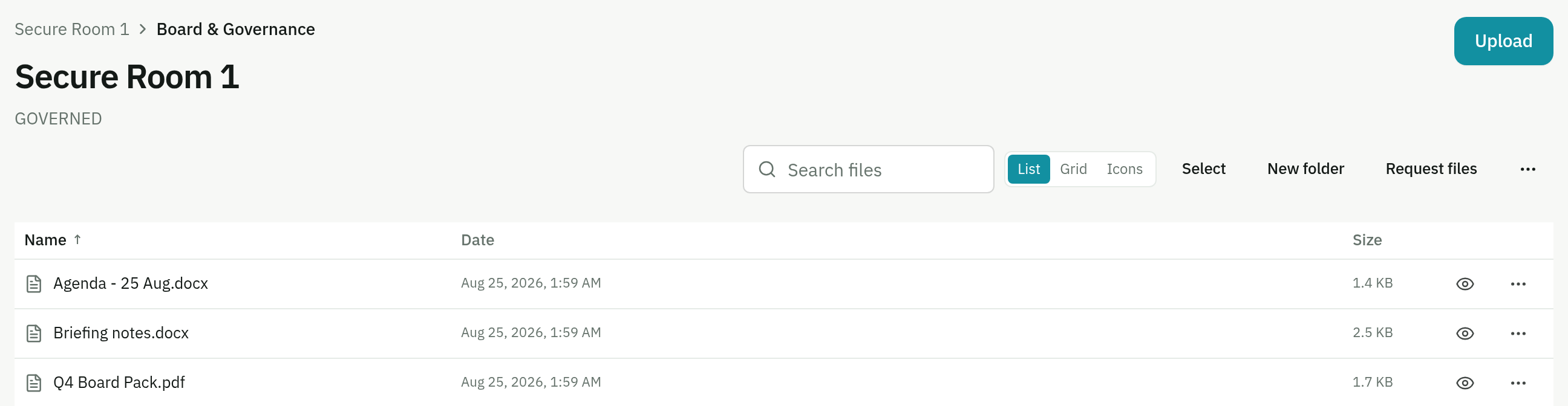 The Files list in the Board & Governance folder: search, list and grid options, and three documents with dates and sizes.